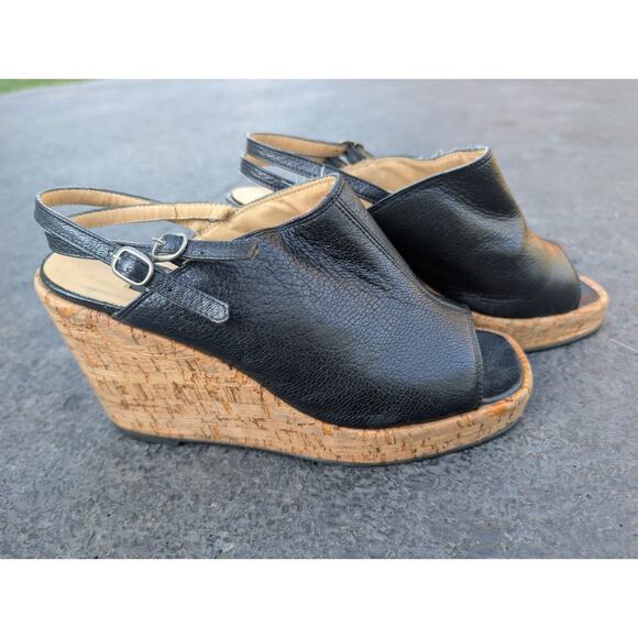 Nine West Womens Black Leather Slingback Platform Wedge Sandals Sz 7.5 B Cork - Picture 3 of 9